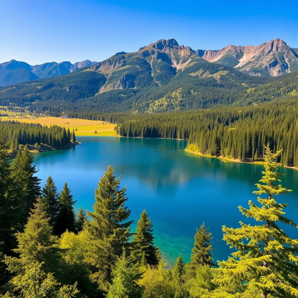 A beautiful landscape featuring a serene lake surrounded by lush green trees and mountains in the background under a clear blue sky