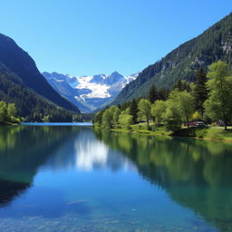 A beautiful landscape featuring a serene lake surrounded by lush green trees and mountains in the background under a clear blue sky