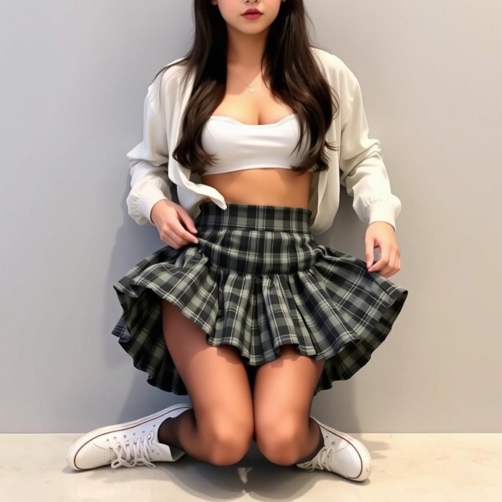 A Korean schoolgirl dressed in a short plaid skirt with ruffles that accentuate her thighs when sitting with her legs open and bent