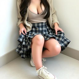 A Korean schoolgirl dressed in a short plaid skirt with ruffles that accentuate her thighs when sitting with her legs open and bent