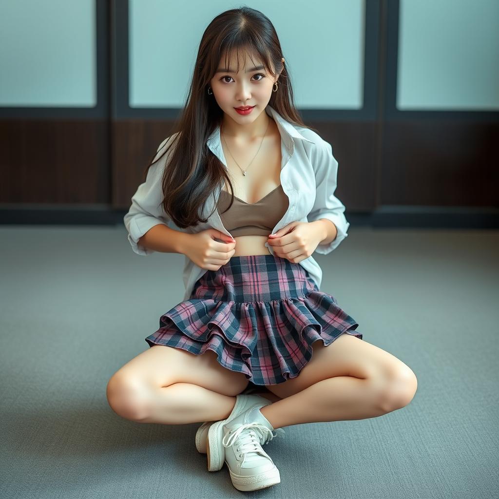 A Korean schoolgirl dressed in a short plaid skirt with ruffles that accentuate her thighs when sitting with her legs open and bent