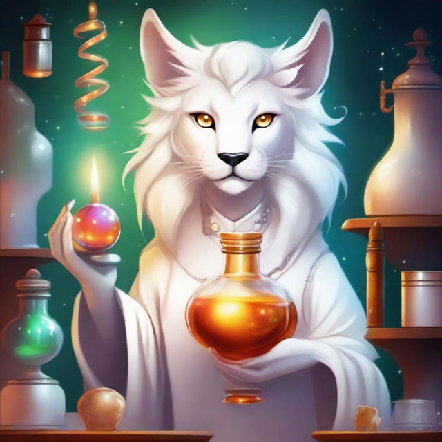 A detailed and vibrant illustration of a female leonine character dressed in white as an alchemist