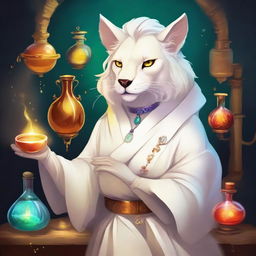 A detailed and vibrant illustration of a female leonine character dressed in white as an alchemist