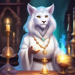 A detailed and vibrant illustration of a female leonine character dressed in white as an alchemist