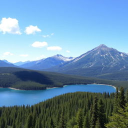 A beautiful landscape with mountains in the background, a clear blue lake in the middle, and a lush green forest surrounding the lake