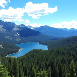 A beautiful landscape with mountains in the background, a clear blue lake in the middle, and a lush green forest surrounding the lake