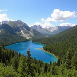 A beautiful landscape with mountains in the background, a clear blue lake in the middle, and a lush green forest surrounding the lake