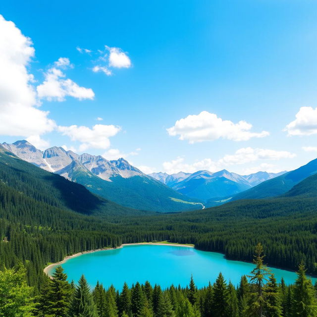 A beautiful landscape with mountains in the background, a clear blue lake in the middle, and a lush green forest surrounding the lake