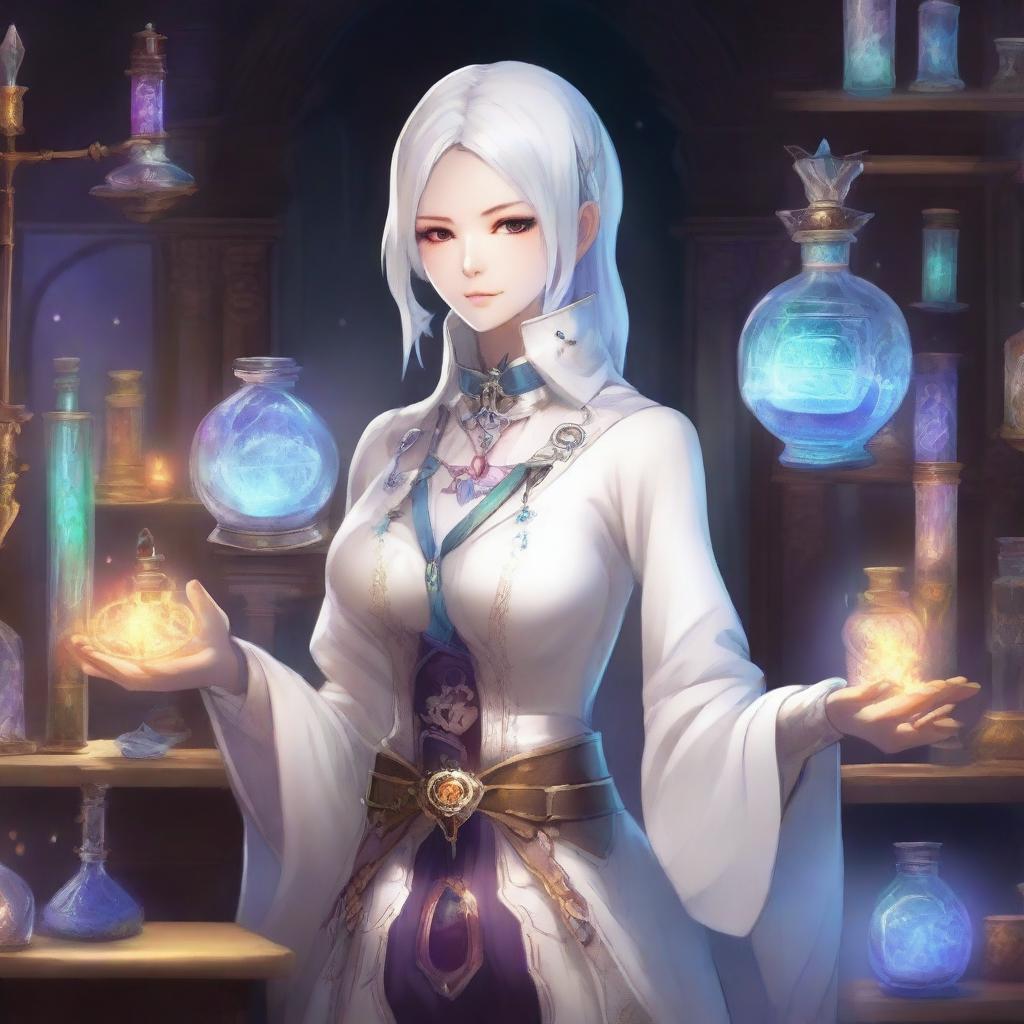 A detailed and vibrant illustration of a female Elezen character from Final Fantasy XIV as an alchemist