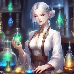 A detailed and vibrant illustration of a female Elezen character from Final Fantasy XIV as an alchemist