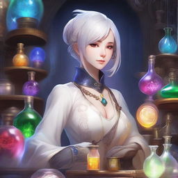 A detailed and vibrant illustration of a female Elezen character from Final Fantasy XIV as an alchemist