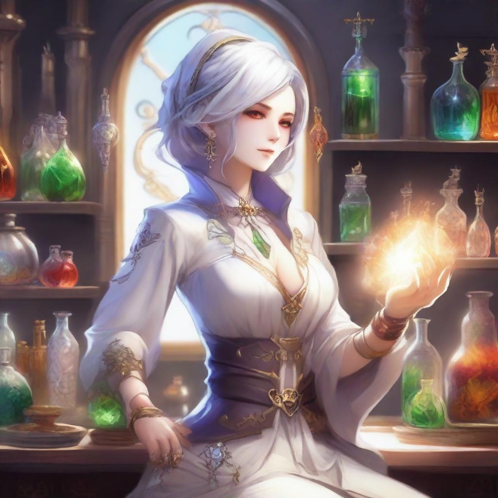 A detailed and vibrant illustration of a female Elezen character from Final Fantasy XIV as an alchemist