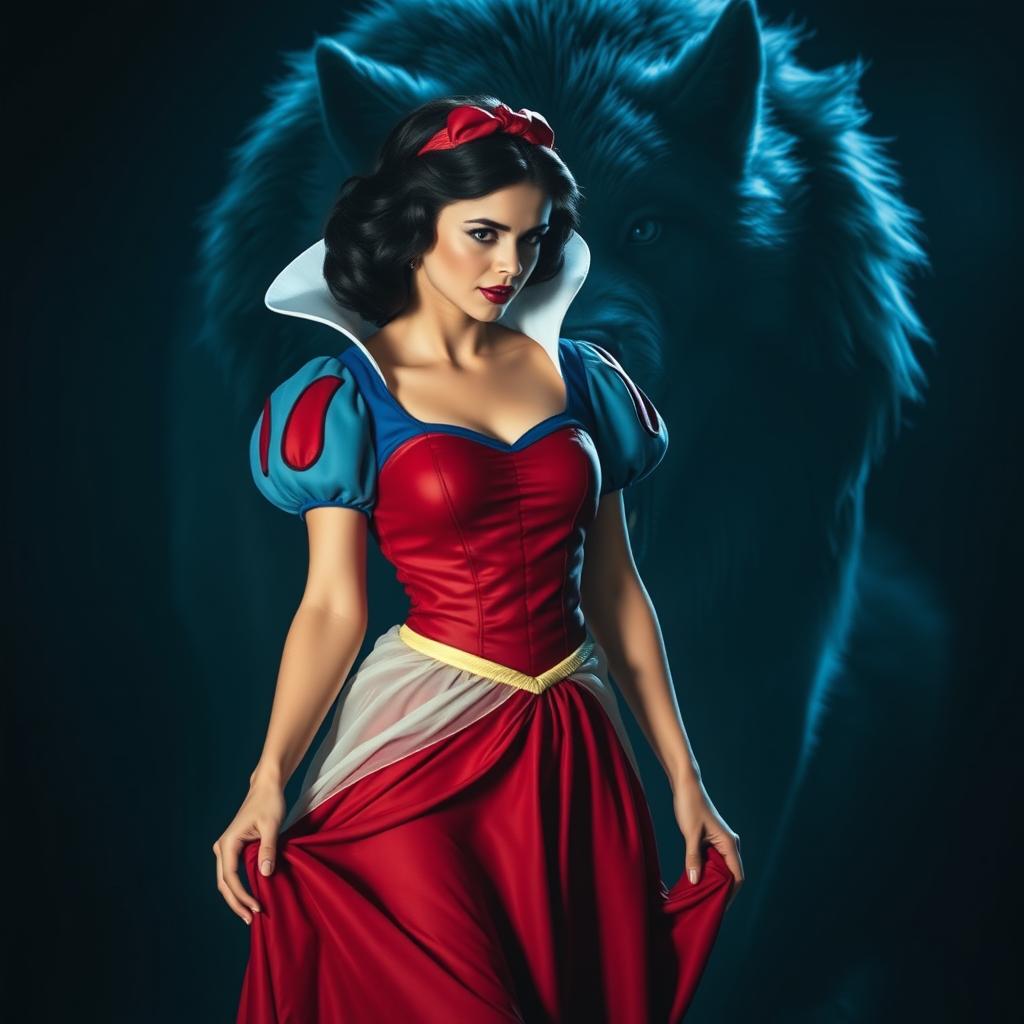 Create an image of Snow White wearing a skirt, standing in front of a large, hungry-looking wolf