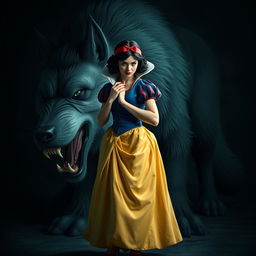 Create an image of Snow White wearing a skirt, standing in front of a large, hungry-looking wolf