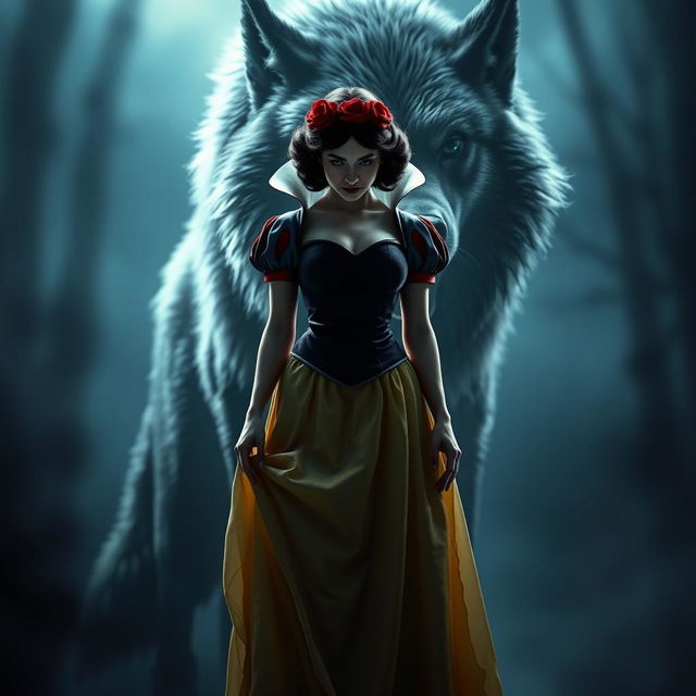 Create an image of Snow White wearing a skirt, standing in front of a large, hungry-looking wolf