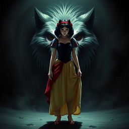 Create an image of Snow White wearing a skirt, standing in front of a large, hungry-looking wolf