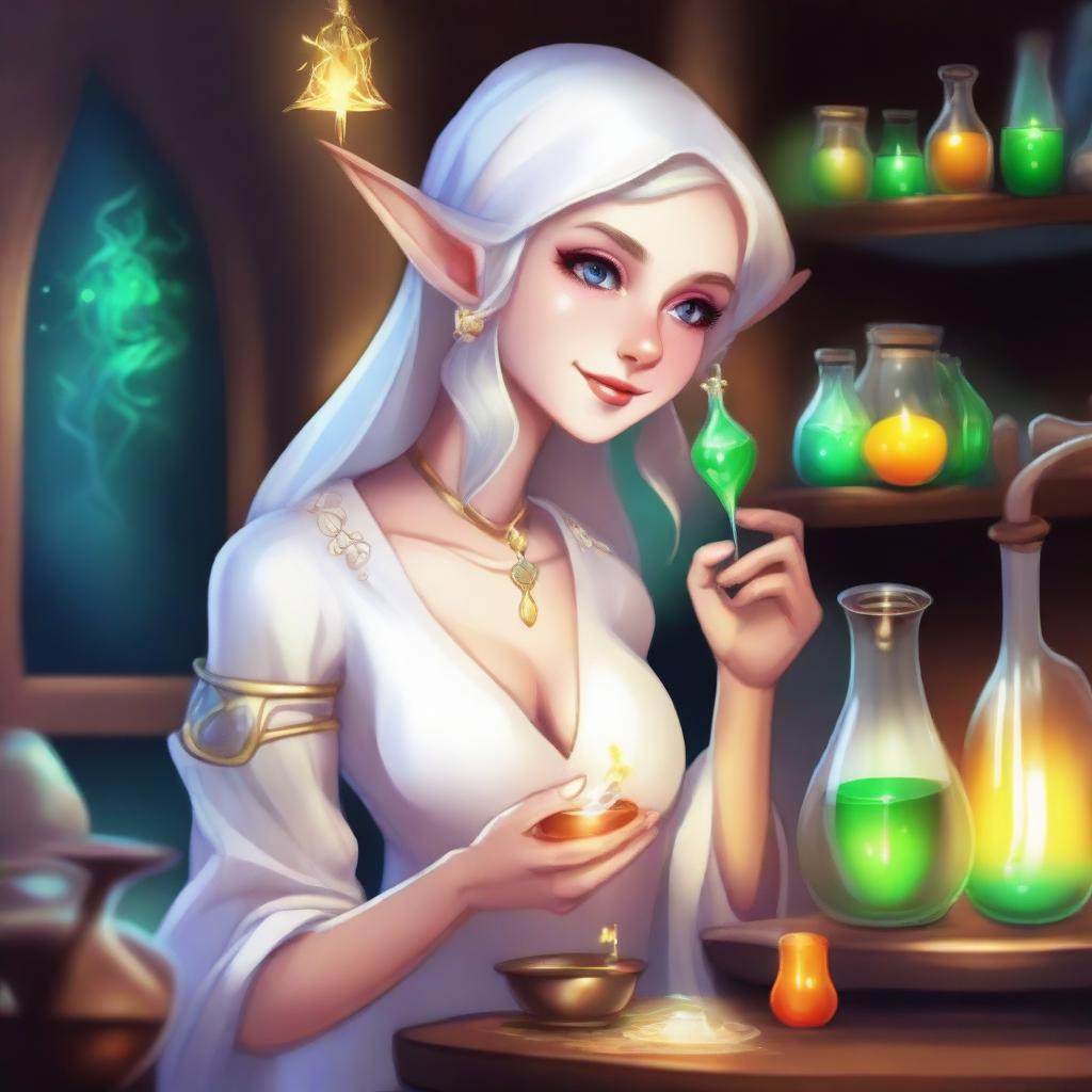 A detailed and vibrant illustration of a female elf character as an alchemist