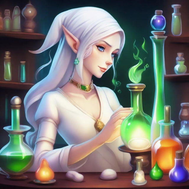 A detailed and vibrant illustration of a female elf character as an alchemist