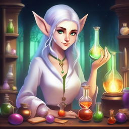 A detailed and vibrant illustration of a female elf character as an alchemist