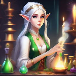 A detailed and vibrant illustration of a female elf character as an alchemist