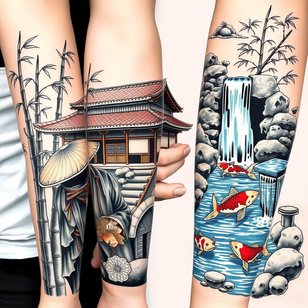 A detailed arm tattoo design featuring a traditional Japanese samurai era house and a waterfall that ends in a pond with koi carps swimming in it