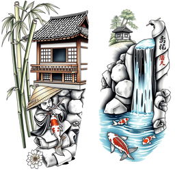 A detailed arm tattoo design featuring a traditional Japanese samurai era house and a waterfall that ends in a pond with koi carps swimming in it