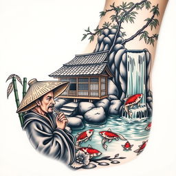 A detailed arm tattoo design featuring a traditional Japanese samurai era house and a waterfall that ends in a pond with koi carps swimming in it