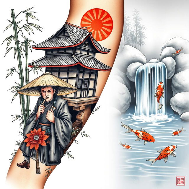 A detailed arm tattoo design featuring a traditional Japanese samurai era house and a waterfall that ends in a pond with koi carps swimming in it