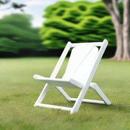 A plastic white lawn chair with a katana leaning on it