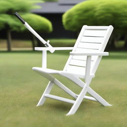 A plastic white lawn chair with a katana leaning on it