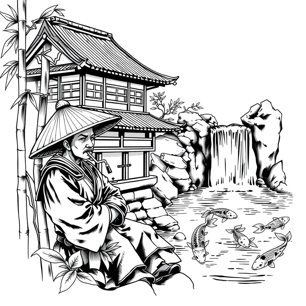 A black and white arm tattoo design featuring a traditional Japanese samurai era house and a waterfall that ends in a pond with koi carps swimming in it