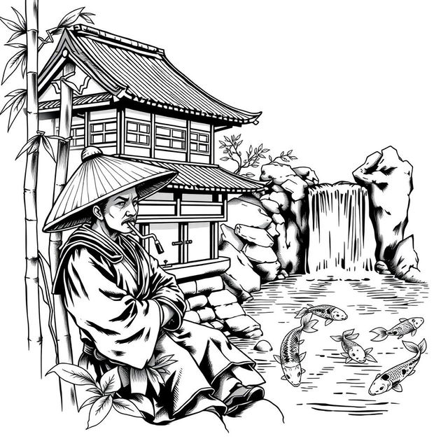 A black and white arm tattoo design featuring a traditional Japanese samurai era house and a waterfall that ends in a pond with koi carps swimming in it