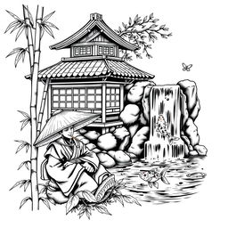 A black and white arm tattoo design featuring a traditional Japanese samurai era house and a waterfall that ends in a pond with koi carps swimming in it