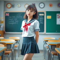 A Korean schoolgirl standing in a classroom, wearing a school uniform with a suggestive skirt