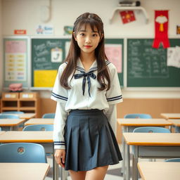 A Korean schoolgirl standing in a classroom, wearing a school uniform with a suggestive skirt