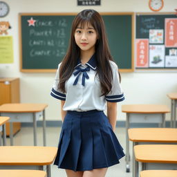 A Korean schoolgirl standing in a classroom, wearing a school uniform with a suggestive skirt