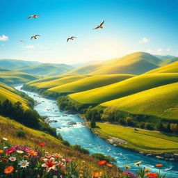 A serene landscape with a clear blue sky, rolling green hills, and a sparkling river flowing through the valley