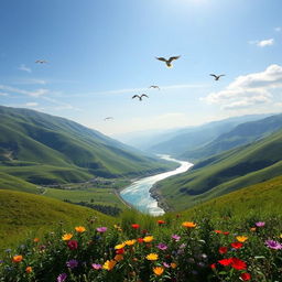 A serene landscape with a clear blue sky, rolling green hills, and a sparkling river flowing through the valley