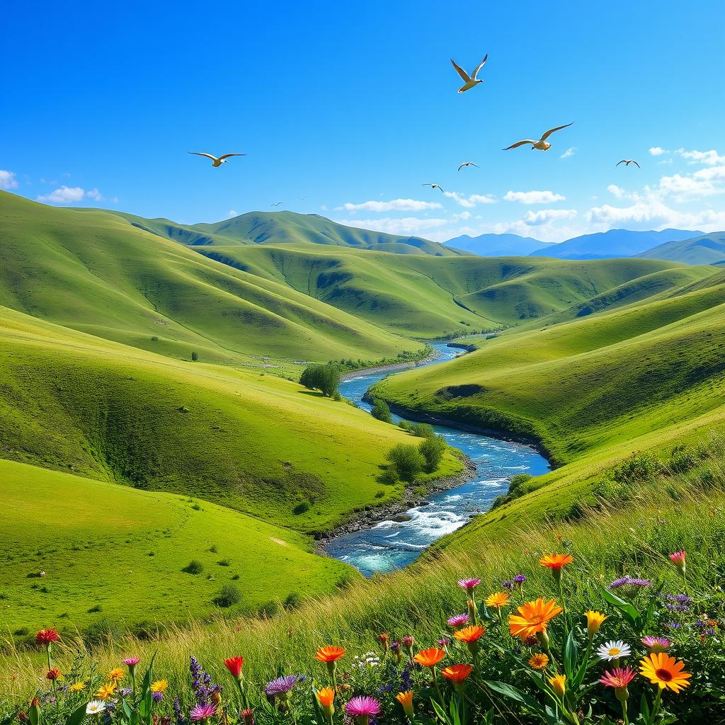 A serene landscape with a clear blue sky, rolling green hills, and a sparkling river flowing through the valley