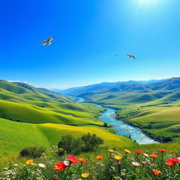 A serene landscape with a clear blue sky, rolling green hills, and a sparkling river flowing through the valley