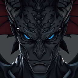 Create the face of a DnD character who is a Dragonborn fighter and echo knight with black skin