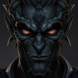 Create the face of a DnD character who is a Dragonborn fighter and echo knight with black skin