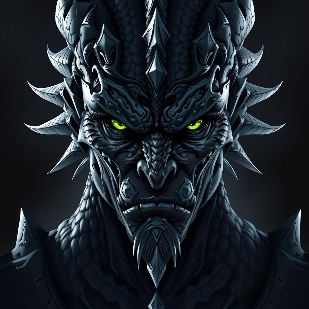 Create the face of a DnD character who is a Dragonborn fighter and echo knight with black skin