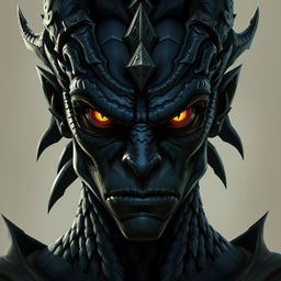 Create the face of a DnD character who is a Dragonborn fighter and echo knight with black skin