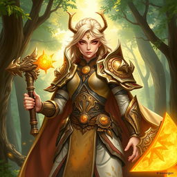 A detailed illustration of a female summer Eladrin War cleric