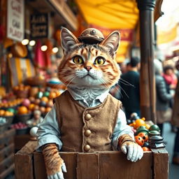 A whimsical cat dressed as a merchant, standing behind a wooden stall filled with various colorful goods