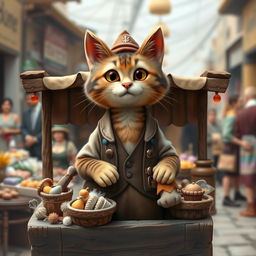 A whimsical cat dressed as a merchant, standing behind a wooden stall filled with various colorful goods