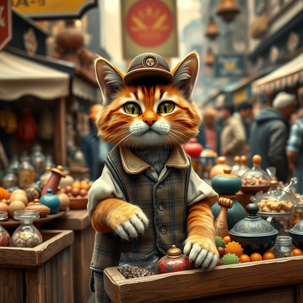 A whimsical cat dressed as a merchant, standing behind a wooden stall filled with various colorful goods