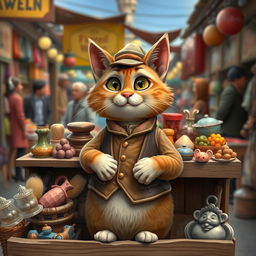 A whimsical cat dressed as a merchant, standing behind a wooden stall filled with various colorful goods