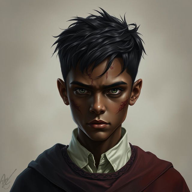 A young wizard, around 13 years old, with a serious expression